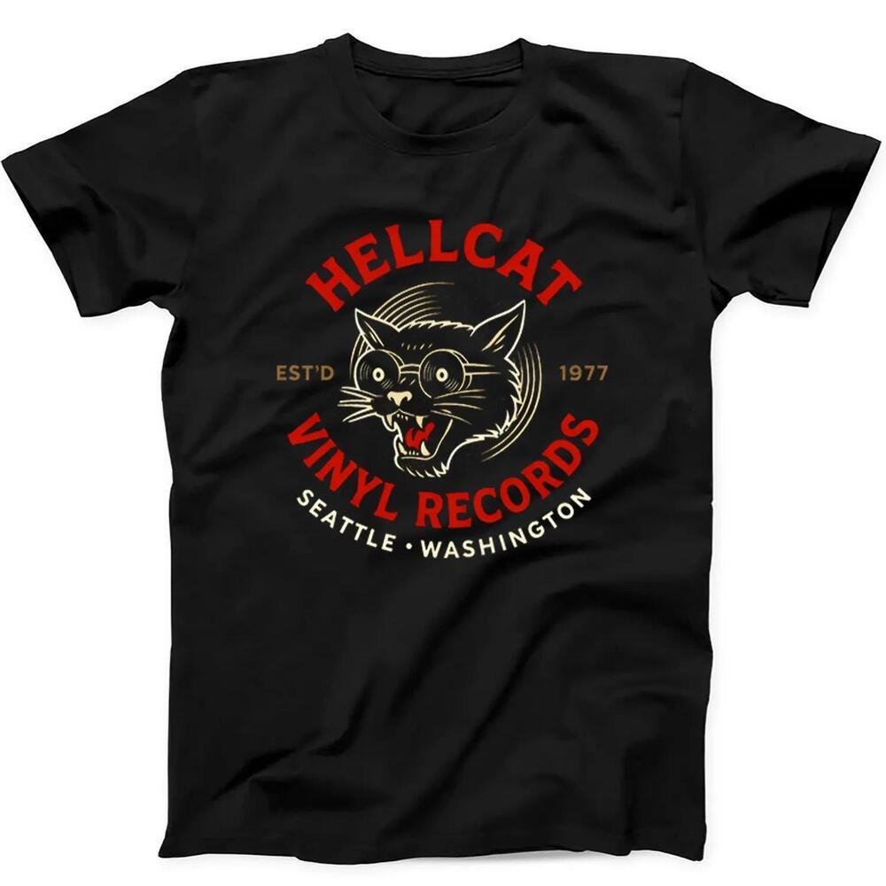 Vinyl Records Seattle Record Store Music Cat Hellcat Gift Tee Black T Shirt 624